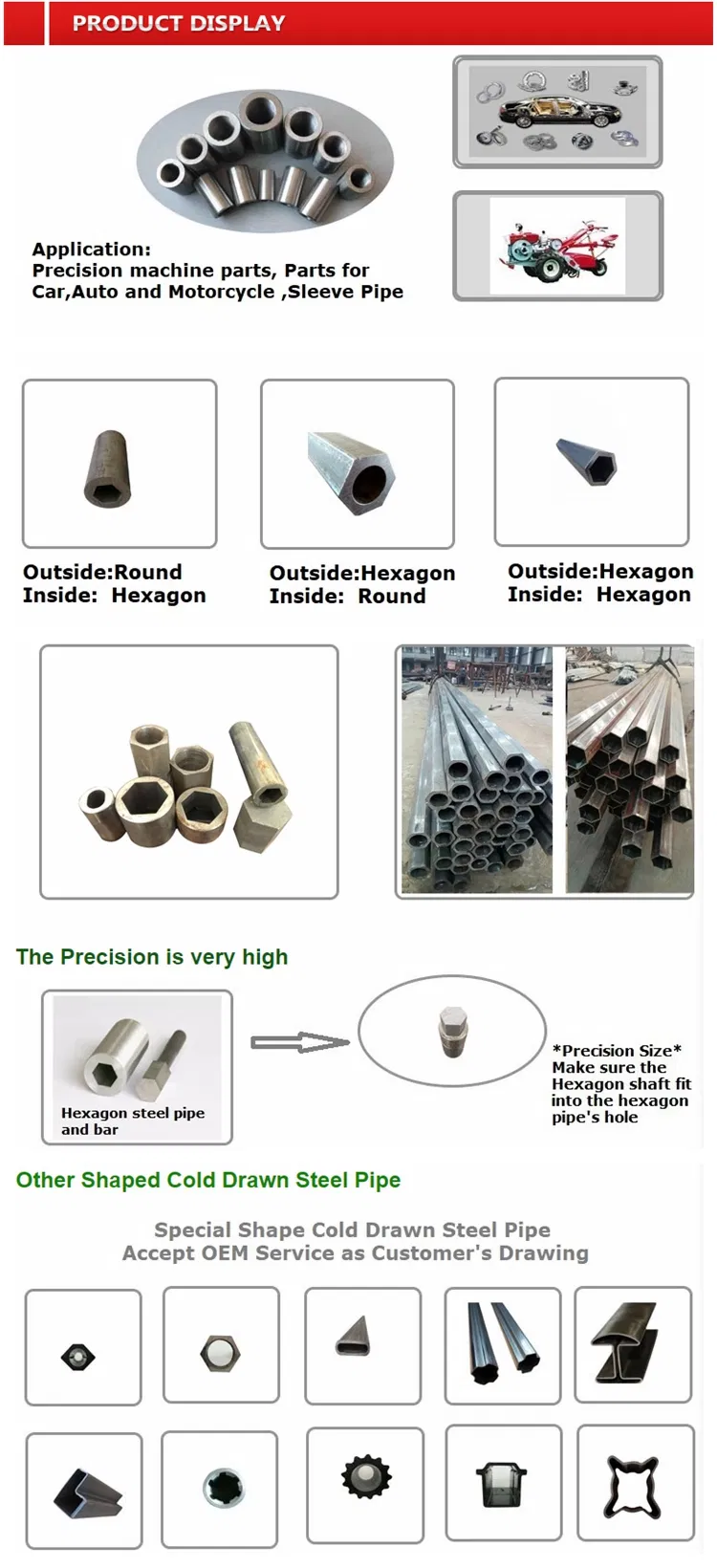 S20c, S45c, 1020, 1040, 1045 Mild Steel Hexagonal Tube Pipe for Machine Parts